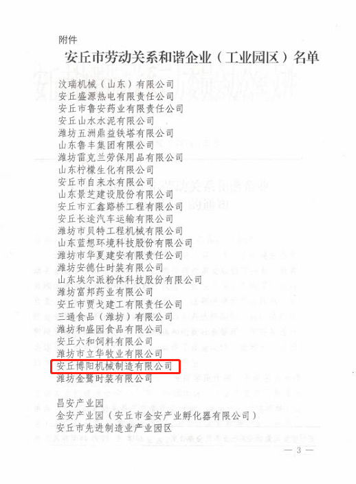 祝賀博陽機械被評為“安丘市勞動關系和諧企業(yè)”